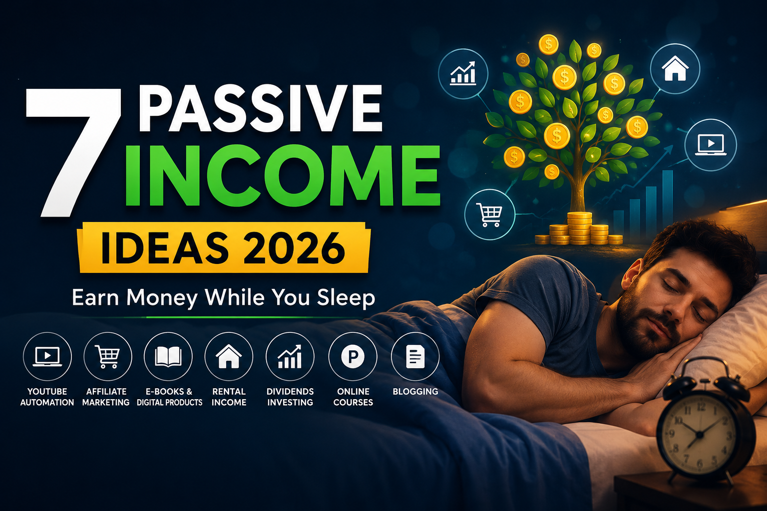 Professional illustration showing seven passive income ideas for 2026, including affiliate marketing, blogging, digital products, online courses, dividend investing, rental income, and YouTube automation.