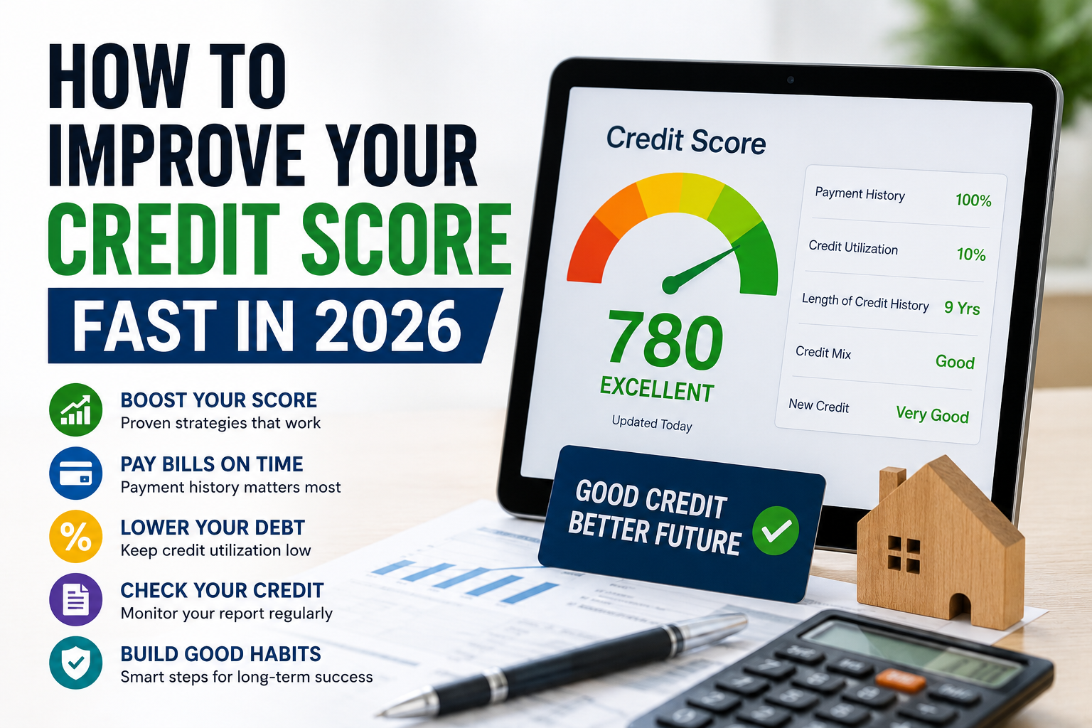 Credit score improvement tips showing excellent credit rating and financial planning.