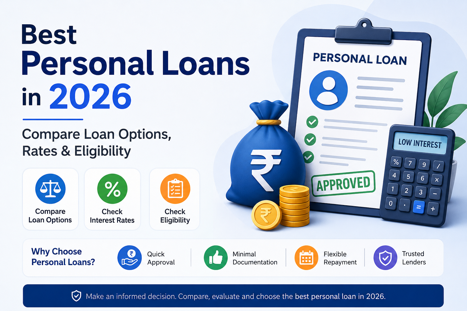 Illustration showing the best personal loans in 2026 with loan comparison, interest rates, eligibility requirements, approval process, and financial planning icons.