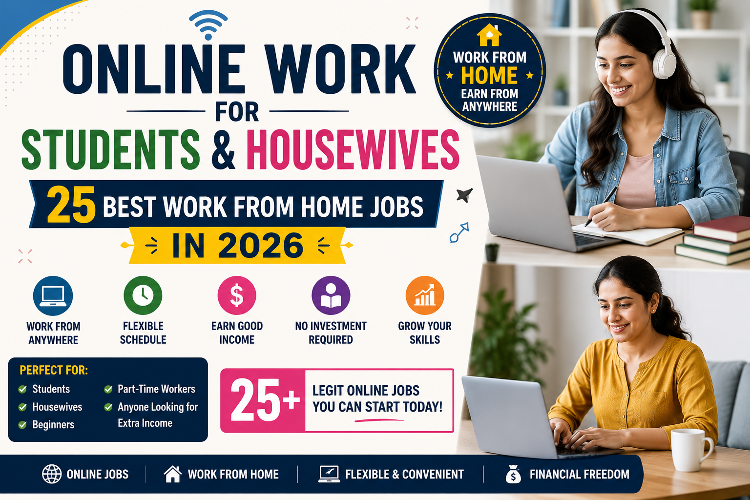 Student and housewife working from home on laptops while doing online jobs, remote work, freelance jobs, data entry, and virtual assistant tasks.