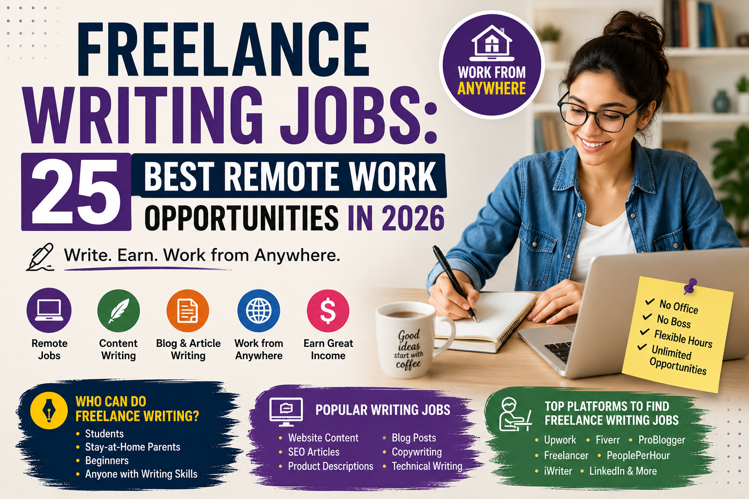 Freelance writing jobs in 2026 showing the best remote work opportunities, online writing careers, SEO content writing, copywriting, and work from home jobs.